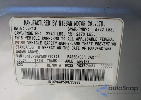 2013 Infiniti G37 Base z USA, uszkodzony, nr VIN JN1CV6AP5DM720926